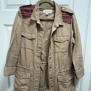 Hinge Tan Utility Jacket with Embroidered Shoulder Trim (size M)